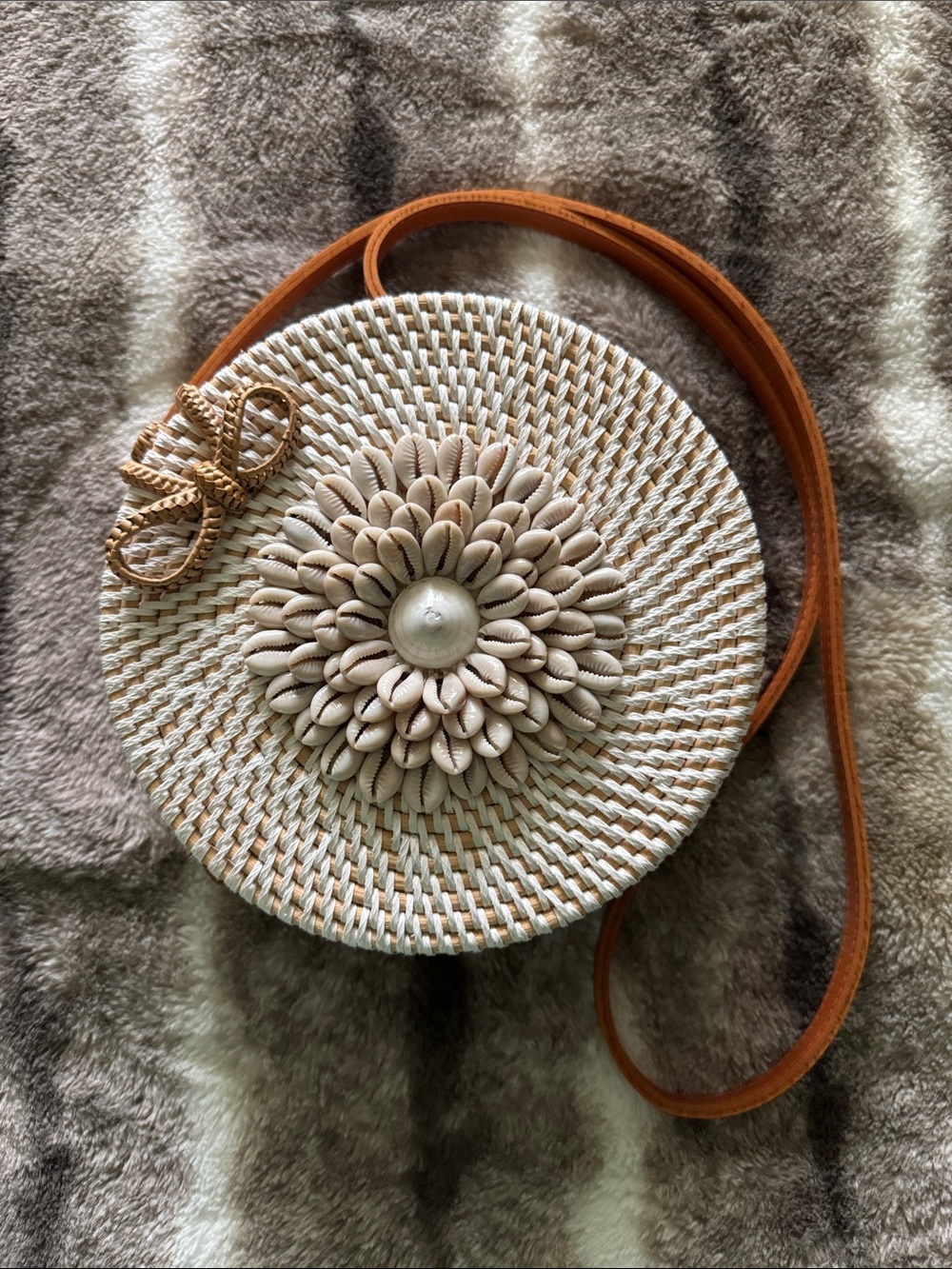 Anthropologie Woven Round Straw Crossbody Bag with Shell Flower - Tan Strap